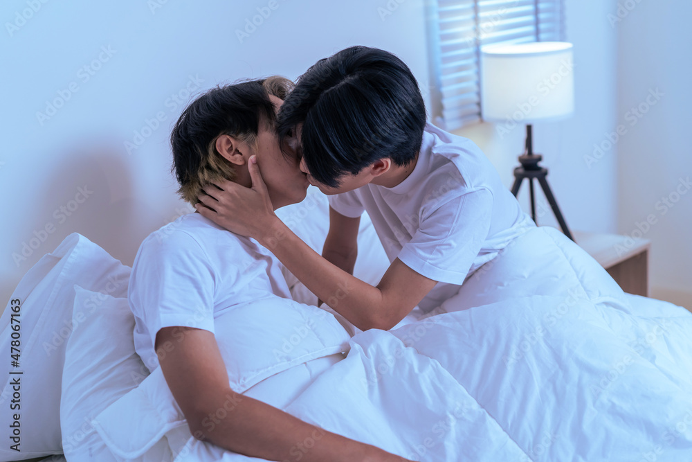 Asian attractive male LQBTQ starting foreplay and making love at home. Asian attractive male LQBTQ starting foreplay and making love at home.