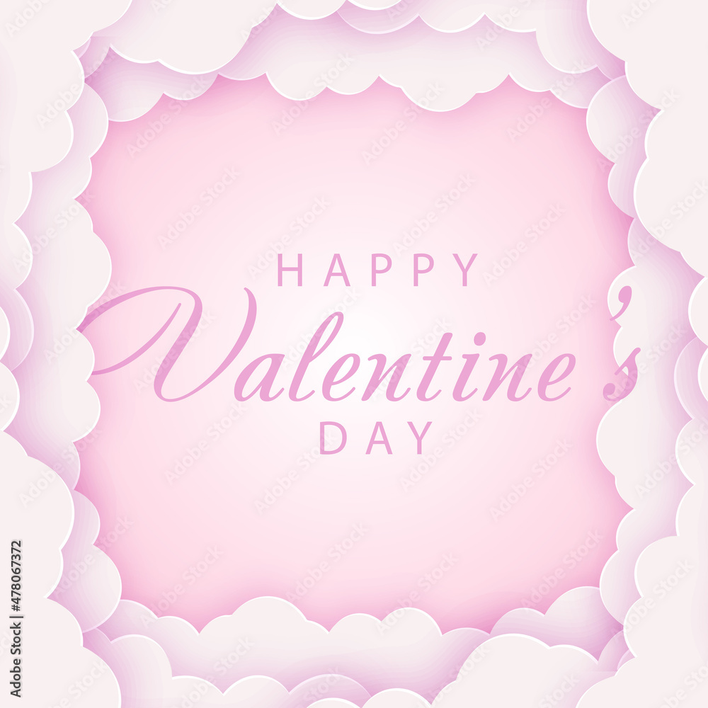 Happy Valentine's Day card with pink clouds. Vector.