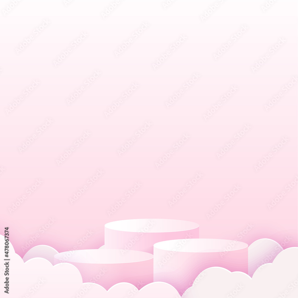 Happy Valentine s Day card with pink clouds and podium. Vector.