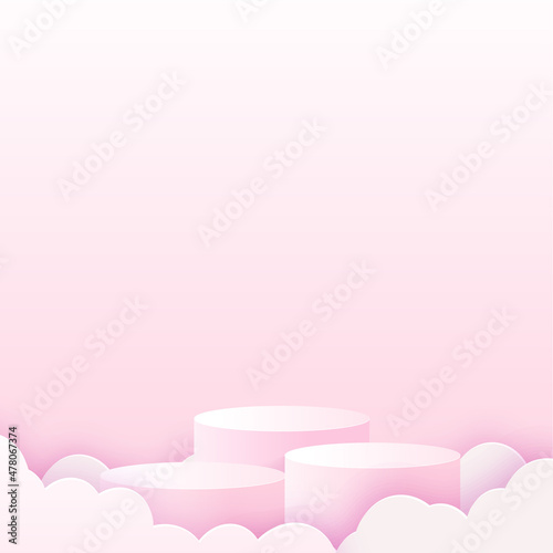 Happy Valentine s Day card with pink clouds and podium. Vector.