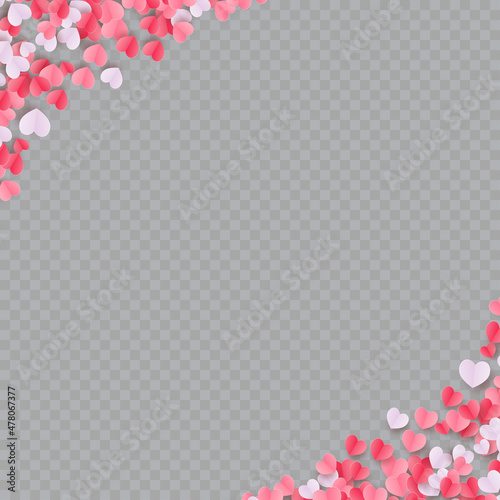 Valentine s day border with colorful hearts on transparent background. Vector.