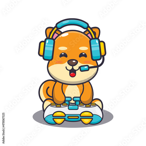 Cute shiba inu dog gamer. Cute cartoon animal illustration.