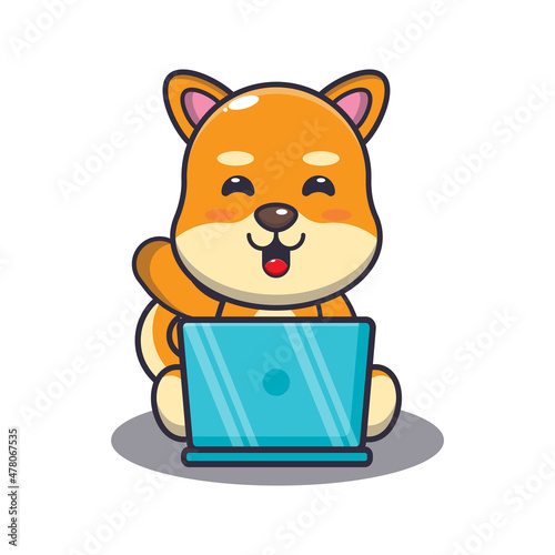 Cute shiba inu dog with laptop. Cute cartoon animal illustration.