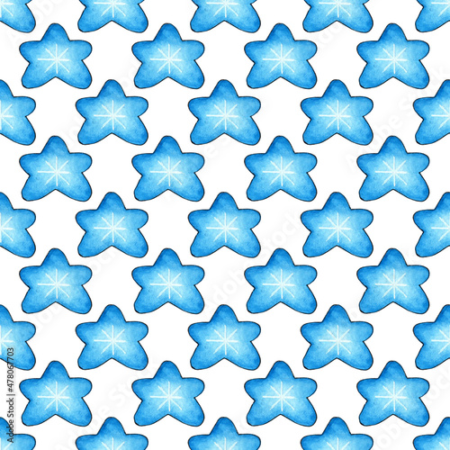 Watercolor illustration pattern of blue celestial bodies. Seamless repeating background with hand drawn stars. Template for a space banner or poster. Elements of cosmonautics. Isolated over white 