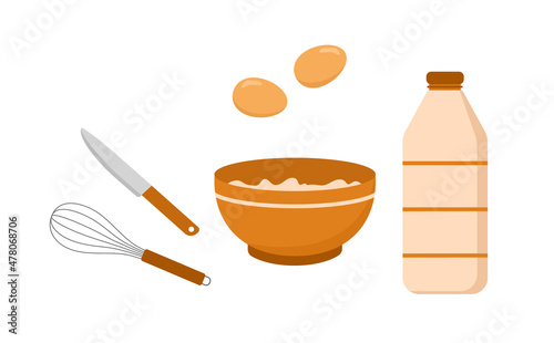 Kneading dough. Mixing ingredients in bowl. Homemade pasta or bread. Stay home and cook healthy food by recipe. Vector illustration in flat cartoon style.