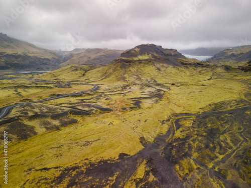 Aerial view of moss covered lava fields in Iceland during cloudy day