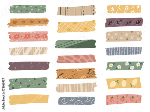 Cute washi tape big set collection in minimalist natural color. Variation of decorative tape clip art in white background.