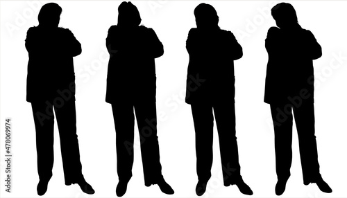 A businesswoman in a suit is standing, folded arms on his chest. Four black female silhouettes on a white background. One poses in the body, but the head looks in different directions. Side view.