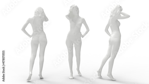 3D rendering of a young slim sexy woman posing in a bikini isolated on empty space background. Multiple views, front side, back.