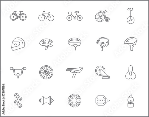 Set of bicycle and bike line style. It contains such as sport, bike part, biking, exercise, vehicles, components, Helmet and other elements