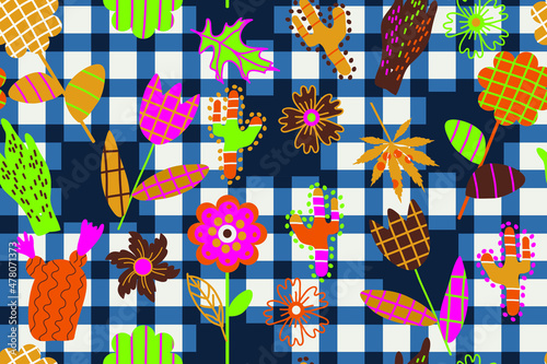 pattern with flowers and checkered background