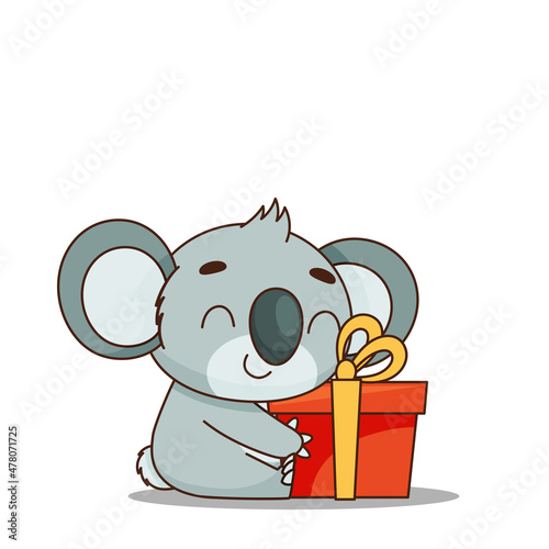 Happy koala hugs a gift. Postcard in children's cartoon style. Vector illustration for designs, prints and patterns.