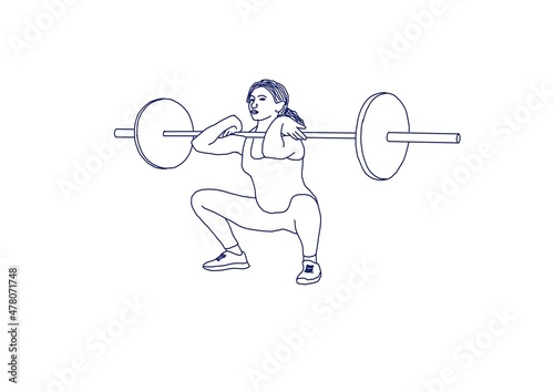 Drawing of a girl doing front squats with a barbell. Fitness and strength training. Simple picture.