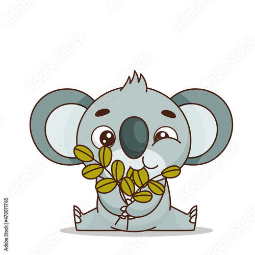 A cute panda sits and chews eucalyptus leaves. Bon Appetit. Postcard in children's cartoon style. Vector illustration for designs, prints and patterns.