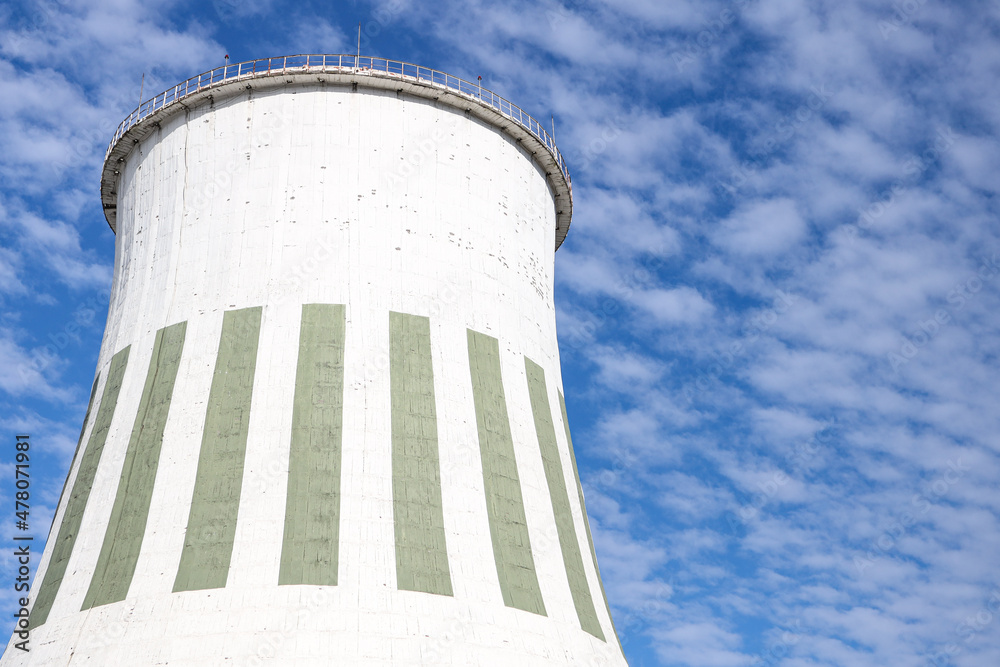 Large white chimney for power plant station with no smoke. Large white chimney for power plant station with no smoke.