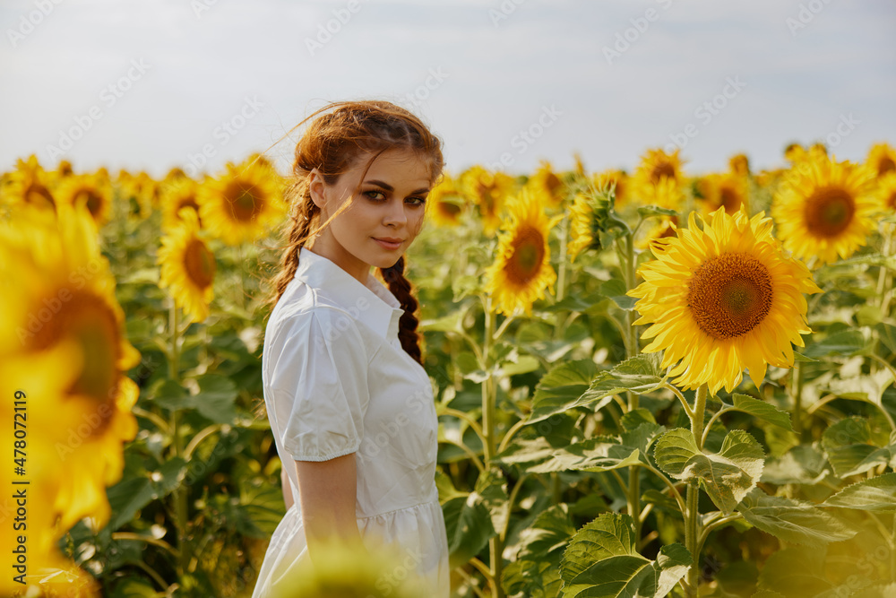 woman with pigtails in a field of sunflowers flowering plants woman with pigtails in a field of sunflowers flowering plants