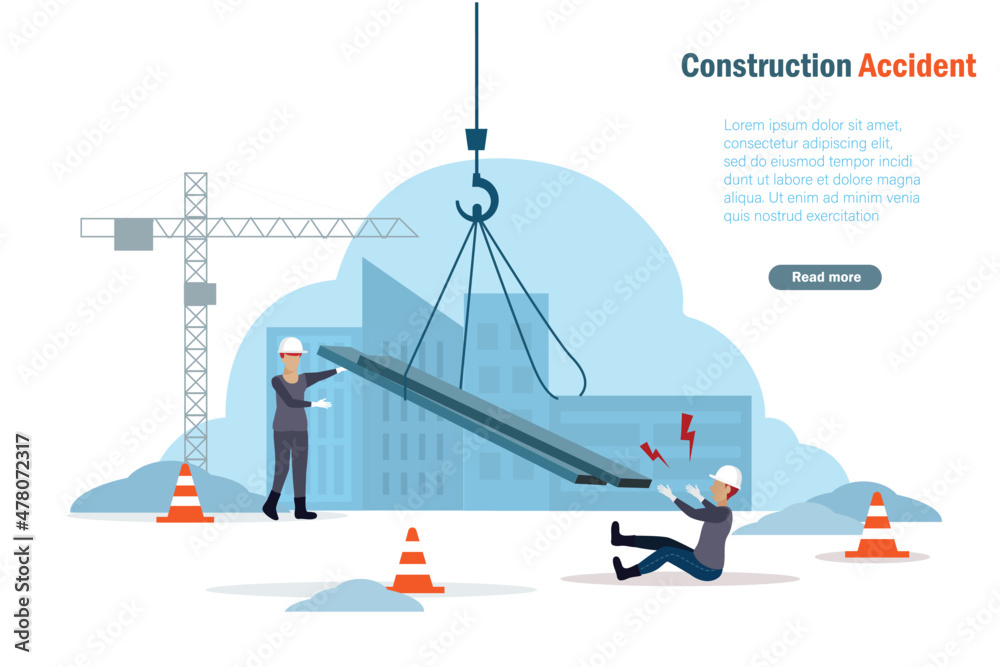 Accident at construction site. Steel plate falling on workers when