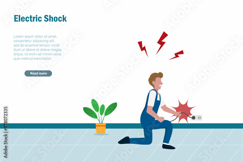 Electric shock accident. Electrician man holding electric plug with short circuit accident. Accident awareness and unsafe workplace concept.