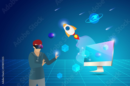 Metaverse gaming. Teenager wear VR goggle glass play  3D virtual reality game on computer in universe futuristic environment. Visualisation and simulation game technology concept.