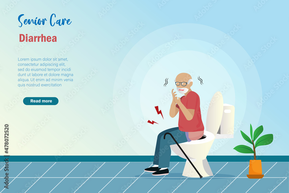 Senior man suffering from diarrhea, constipation, stomach pain in restroom. Medical and