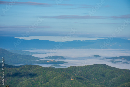 Mountain scenery in the beautiful winter valleys in the Doi Chang Mub Mountains, Mae Fa Luang, Chiang Rai. The beauty of the nature background.