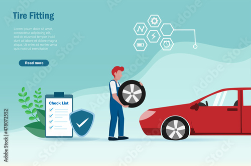 Flat tire, tire fitting, car maintenance and repair service. Mechanician fixing and changing flat car tire wheel with check lists and warranty guard.