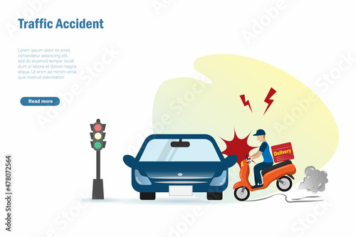 Car accident, car insurance concept. Delivery man on motorbike crashing with car on street. Car accident and safety drive awareness concept.