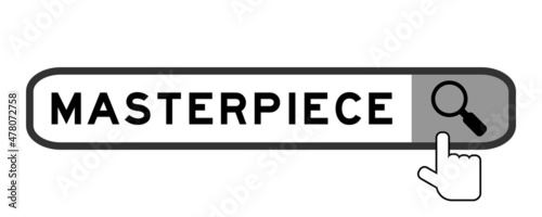 Search banner in word masterpiece with hand over magnifier icon on white background