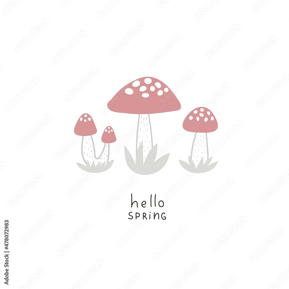 hello spring. Cartoon mushroom, hand drawing lettering. colorful vector illustration. design for print, greeting card, poster decoration, cover