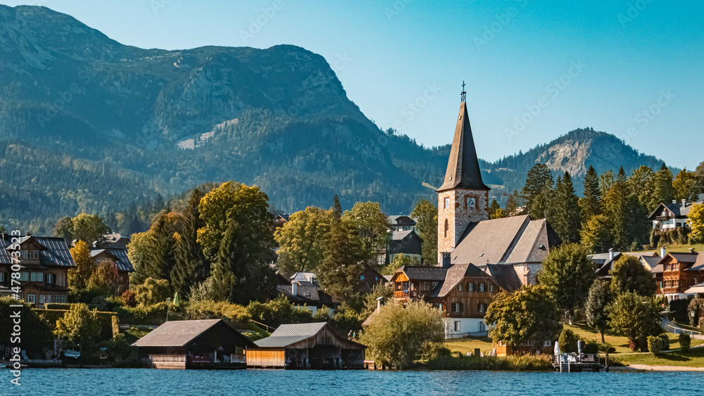 Beautiful alpine summer view with a church at the famous Ausseer See lake near Altaussee, Steiermark, Austria