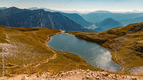 Beautiful alpine summer view with the Augstsee lake from above at the famous Loser summit near Altaussee, Steiermark, Austria photo