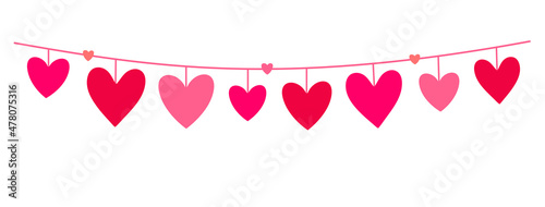 Cute Heart Border. Beautiful Hearts hanging on a string. Banner in flat style for Valentine's Day, birthday, holidays. Colorful love garland with hearts. Isolated on a white background. Vector.