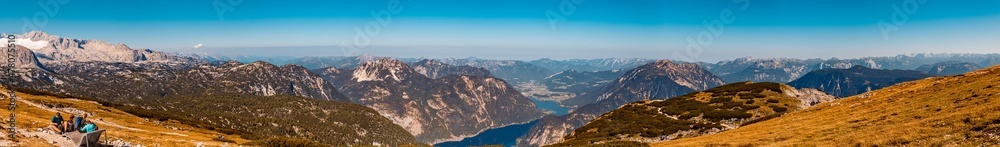 High resolution panorama at the famous Krippenstein summit next to the Dachstein mountains near Hallstatt, Upper Austria, Austria