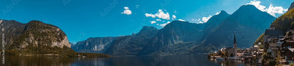 High resolution panorama with reflections at the famous Hallstaetter See lake near Hallstatt, Upper Austria, Austria