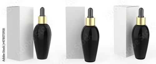 Realistic dropper bottle. Cosmetic blank vials for liquid drug. transparent bottles template with colorful glossy and matt cap. mockup package isolated on white background. 3d illustration 