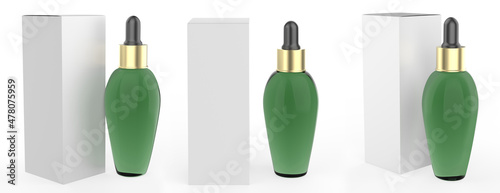 Realistic dropper bottle. Cosmetic blank vials for liquid drug. transparent bottles template with colorful glossy and matt cap. mockup package isolated on white background. 3d illustration 