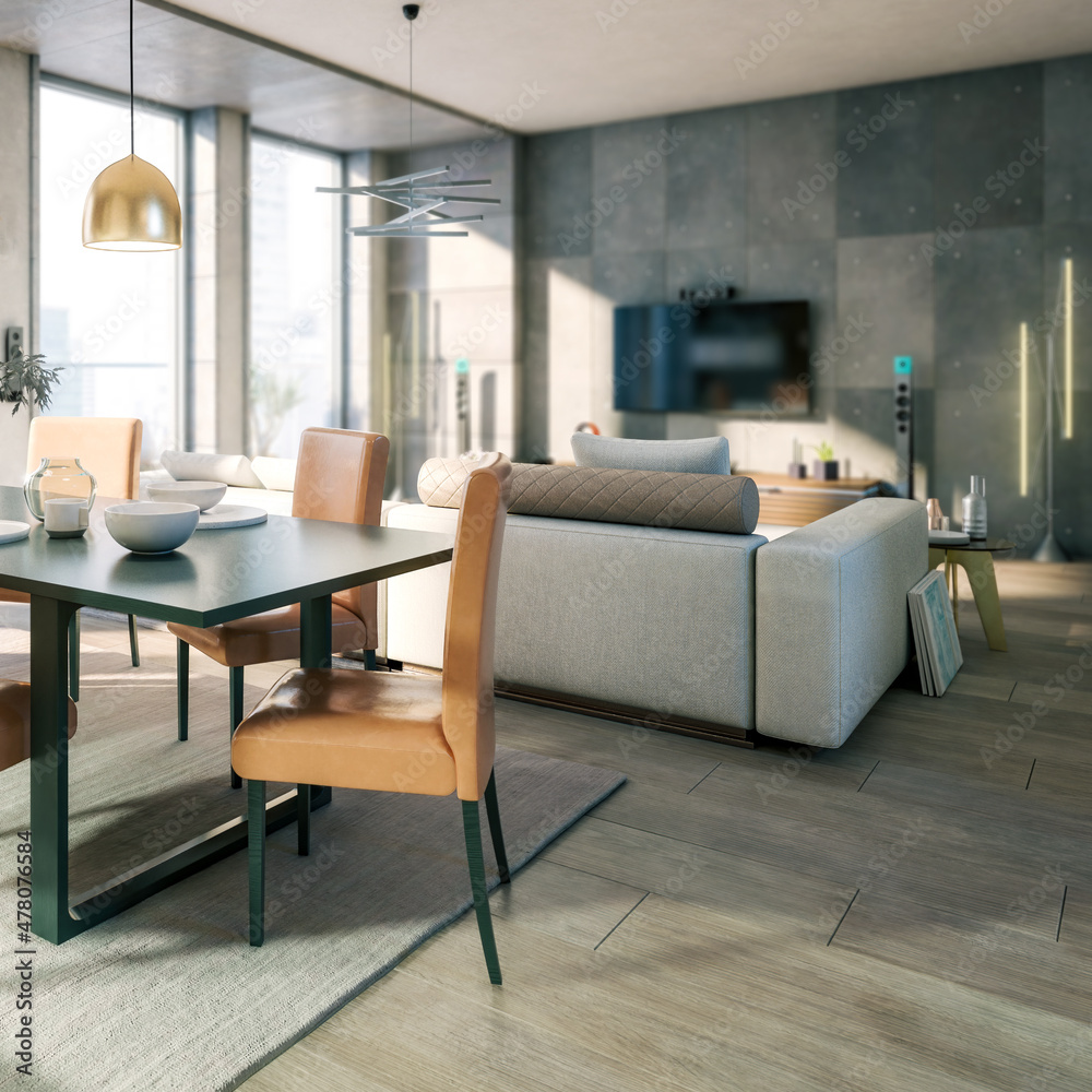 View of Cute Penthouse Open Area Loft (detail) - 3D Visualization Stock ...