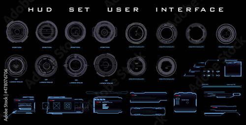 Navigation elements for game user interface HUD. Dialog boxes. Futuristic frames and targets and goals of the title. HUD Video Game Elements