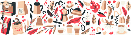 coffee vector illustrations simple minimalistic flat design style. design elements for projects, coffee bean packaging, different coffee preparing tools, trendy boho cafe branding doodles