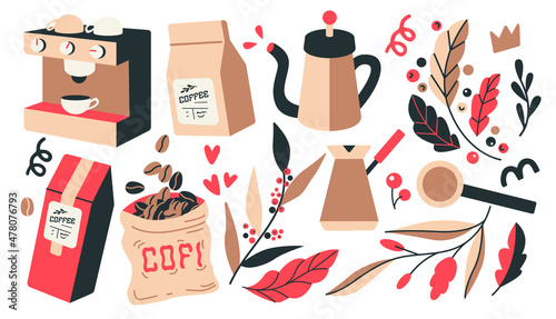 coffee vector illustrations simple minimalistic flat design style. design elements for projects, coffee bean packaging, different coffee preparing tools, trendy boho cafe branding doodles