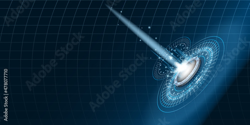 Teleport futuristic portal circle science, sky-fi digital, tunnel with light rays and glows, podium, projector. HUD menu user interface. Vector illustration, black blue background