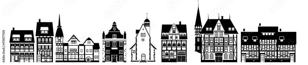 Set Apartmenst house old buildings Europe and America. Silhouette black white icon. Vector illustration