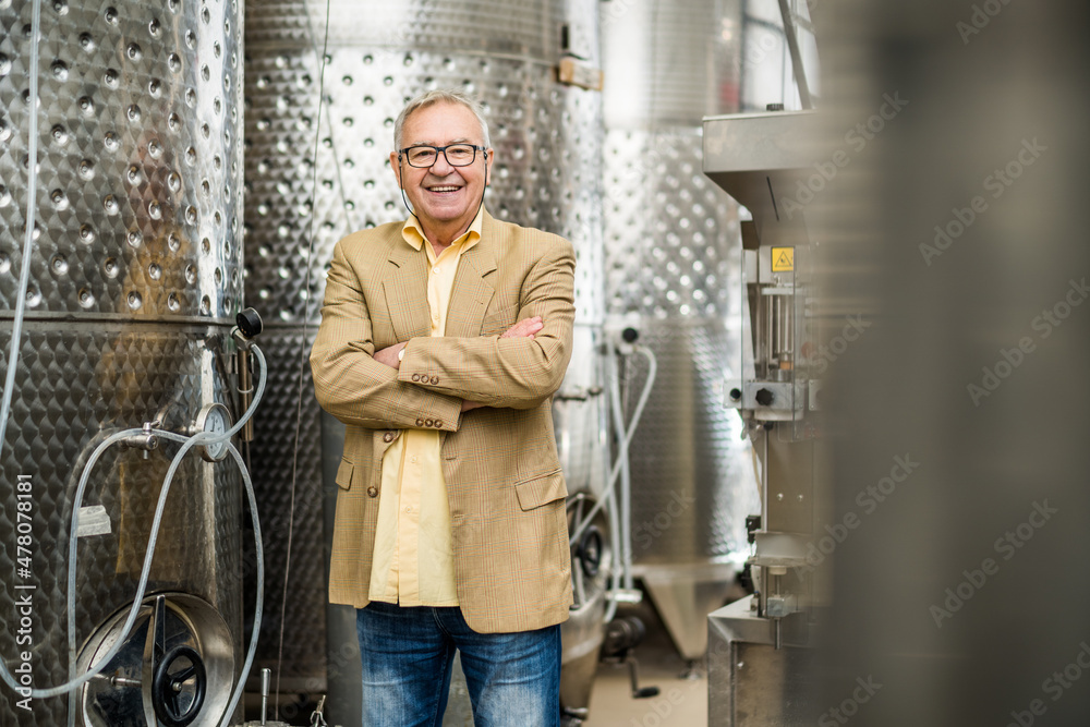 Portrait of happy senior man who owns winery. He is standing beside wine storage tanks. Industry wine making concept. Portrait of happy senior man who owns winery. He is standing beside wine storage tanks. Industry wine making concept.