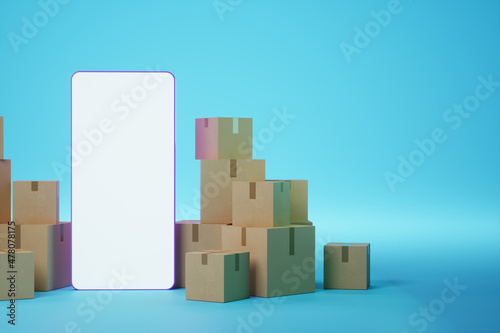 A large smartphone with a blank screen stands next to cardboard boxes. Moving assistance, online shopping delivery, moving app, mock-up for your design. 3D rendering, 3D illustration.