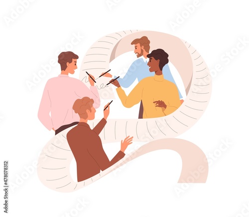 Group of partners signing contract. Business team concluding agreement, putting signatures. Deal conclusion, cooperation and partnership concept. Flat vector illustration isolated on white background