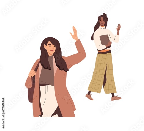 Person leaving and gesturing bye, waving with hand to colleague. Woman employee saying goodbye at end of work day and going away. Flat vector illustration isolated on white background photo