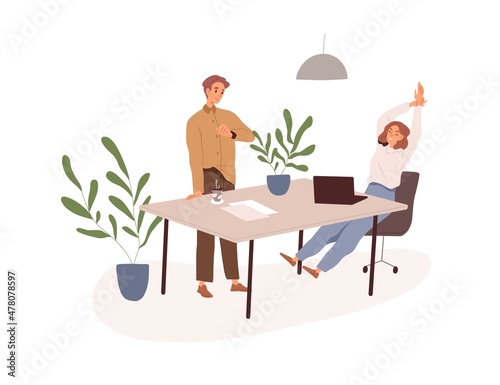 End of work day in office. Colleagues at desk, job completion. Tired employees at workplace stretching and looking at watches to go home. Flat vector illustration isolated on white background