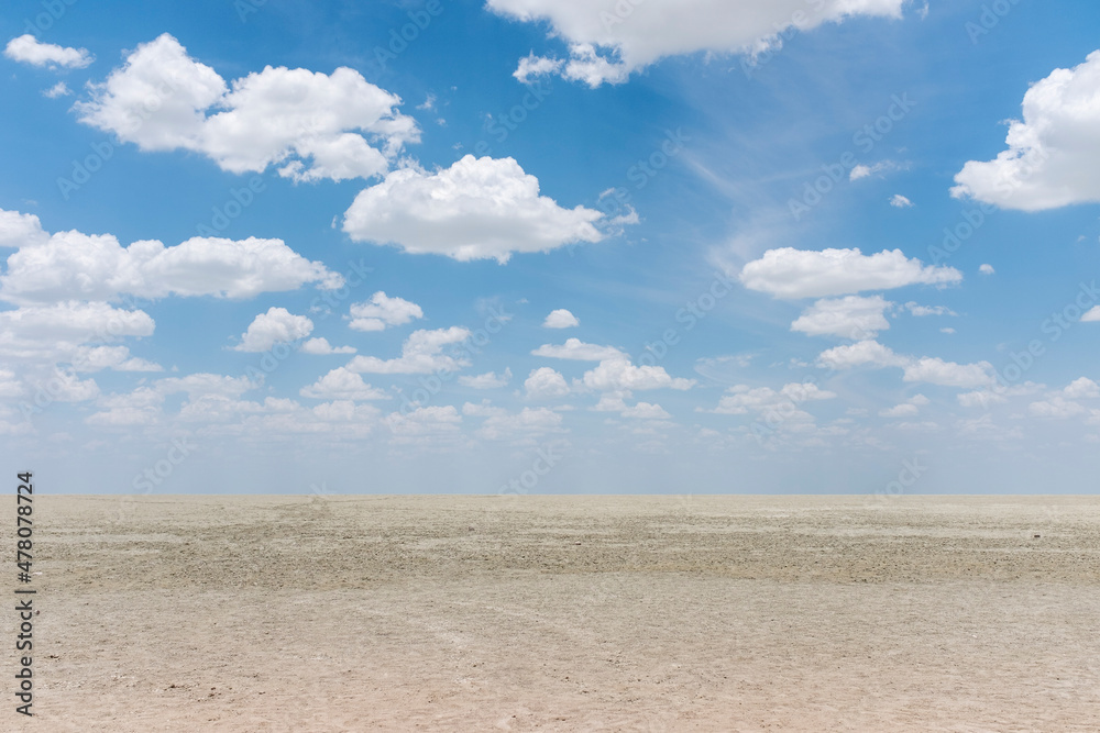 View of the desertic and dry Etosha pan with cloudy sky, Etosha national park, Namibia.