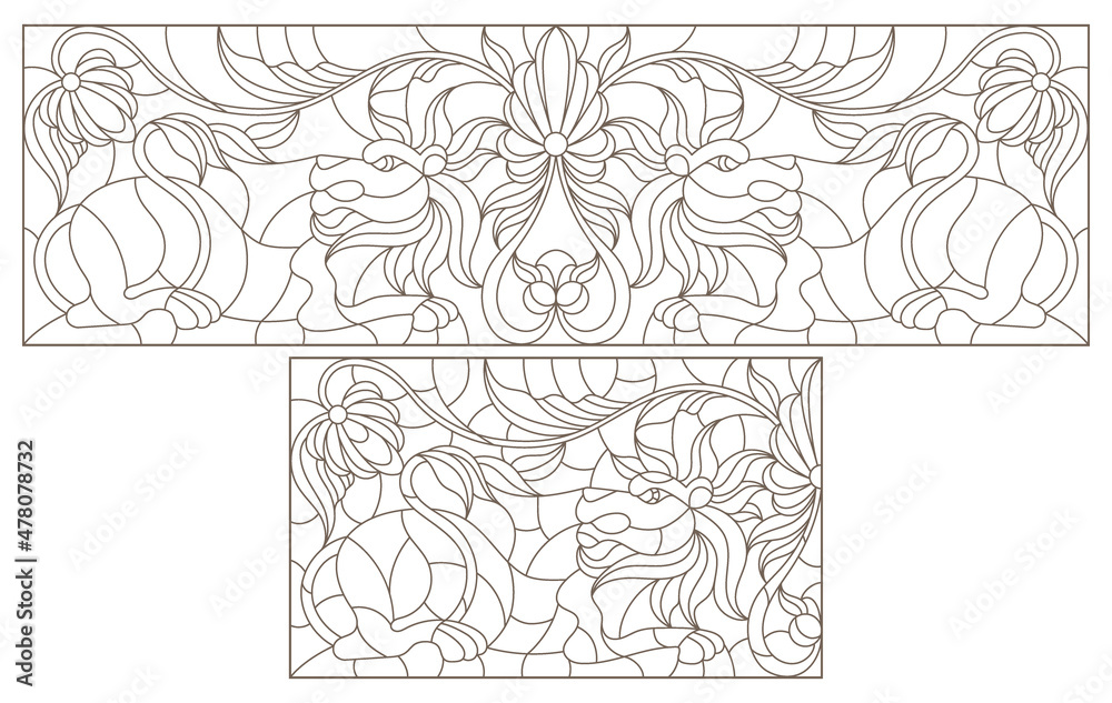 Obraz premium A set of contour illustrations in the style of stained glass with abstract lions and flowers, dark contours on a white background
