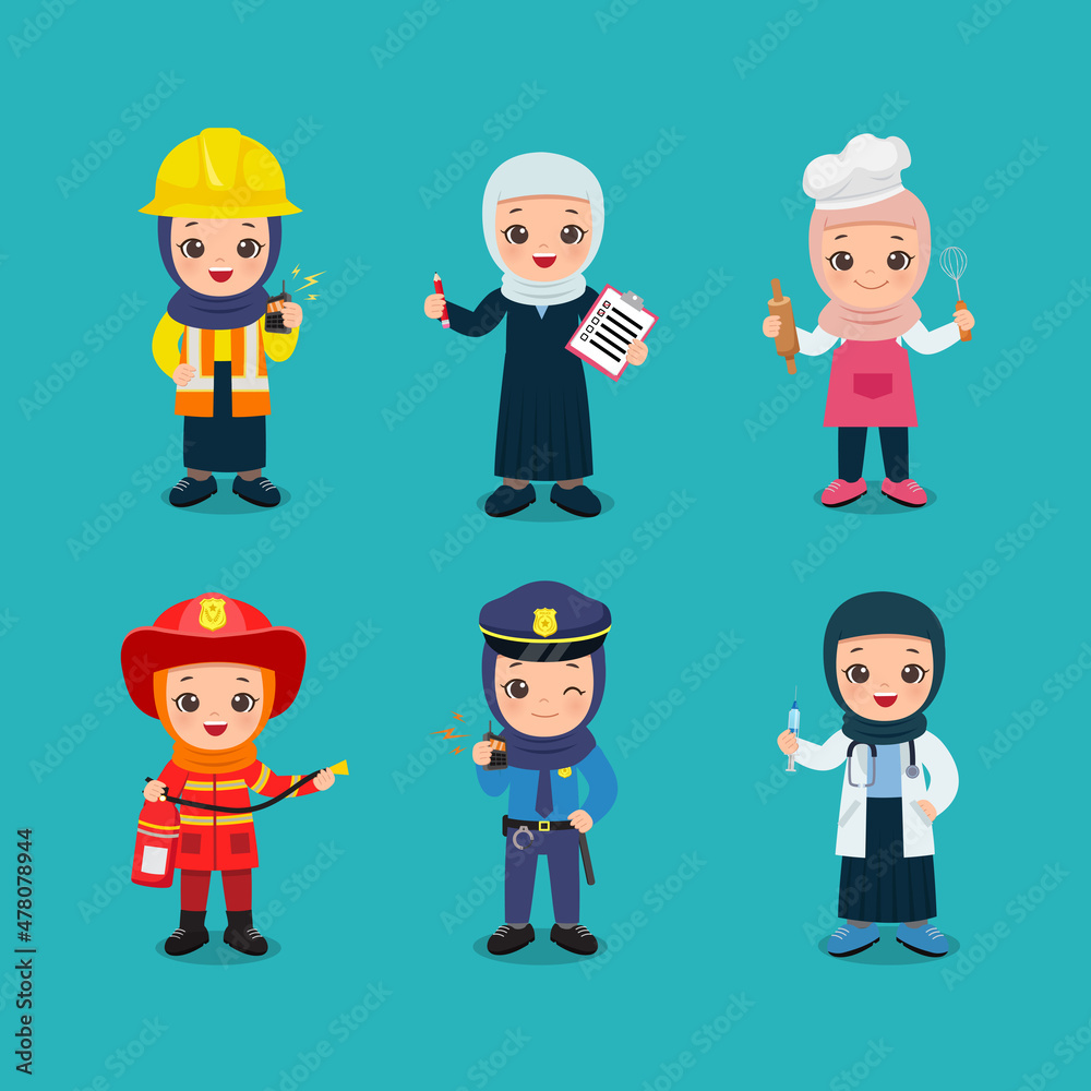 Hijab woman in different professional job. Flat vector cartoon design Hijab woman in different professional job. Flat vector cartoon design